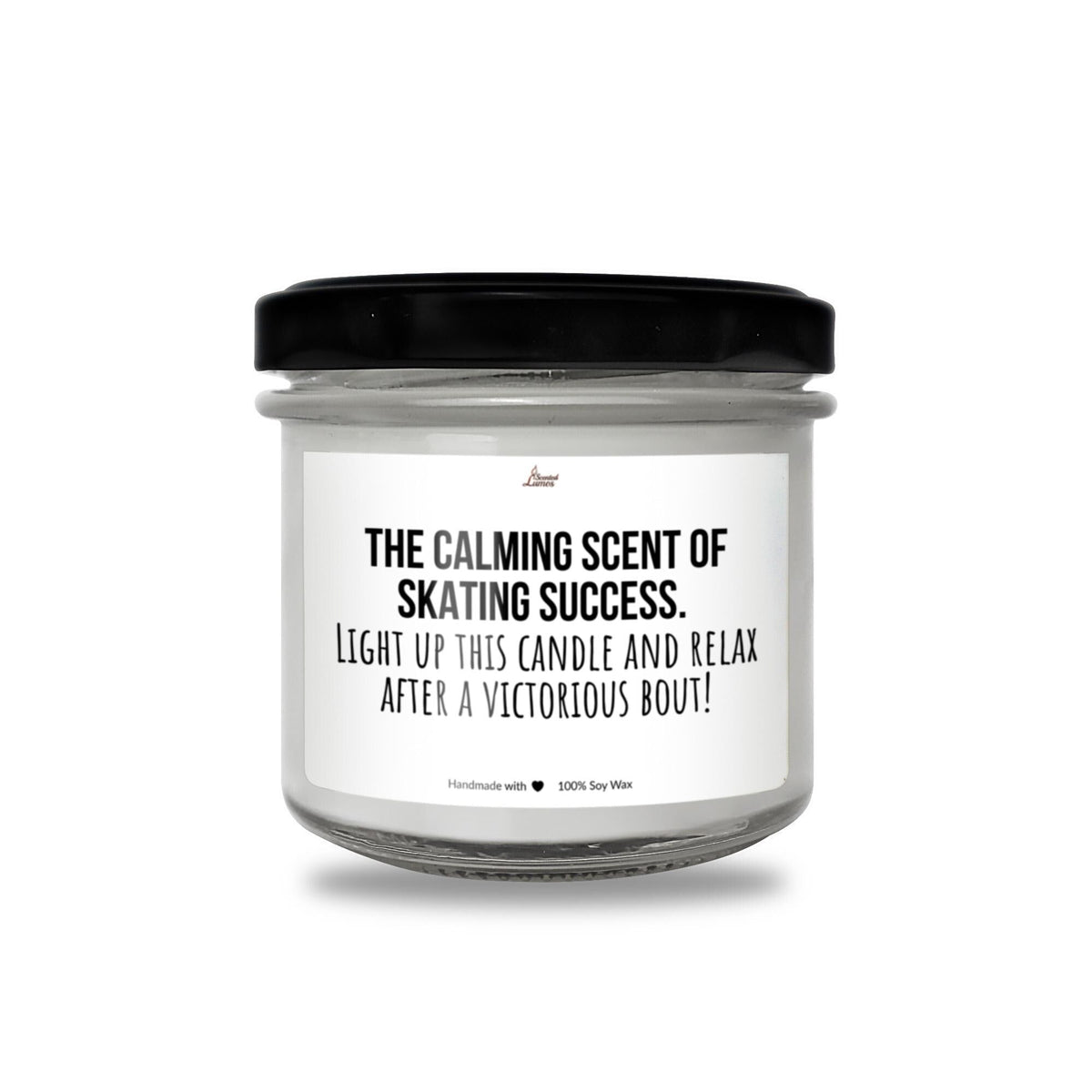 a white candle with a black lid that says, the calming scent of skin -