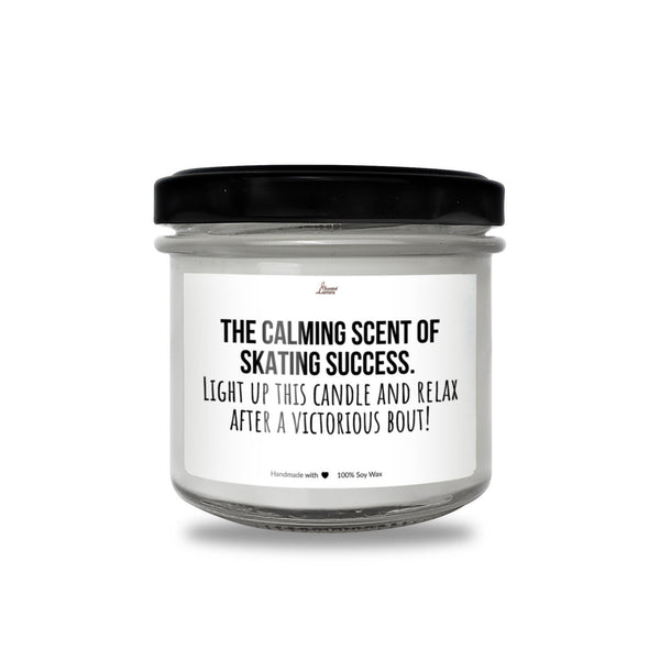 a white candle with a black lid that says, the calming scent of skin -