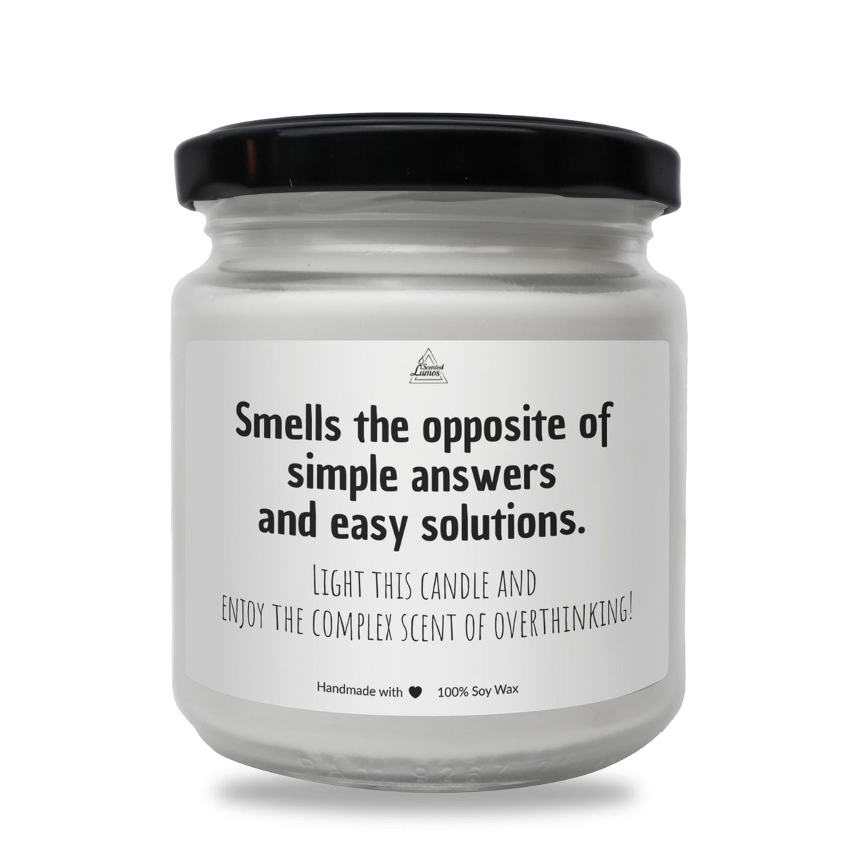 a white jar with a black lid that says smells the opposite of simple answers and