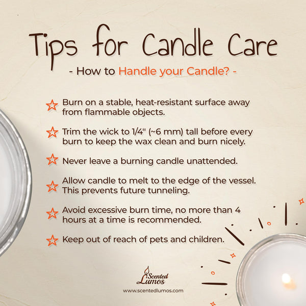 a candle and a sign on a table that says tips for candle care