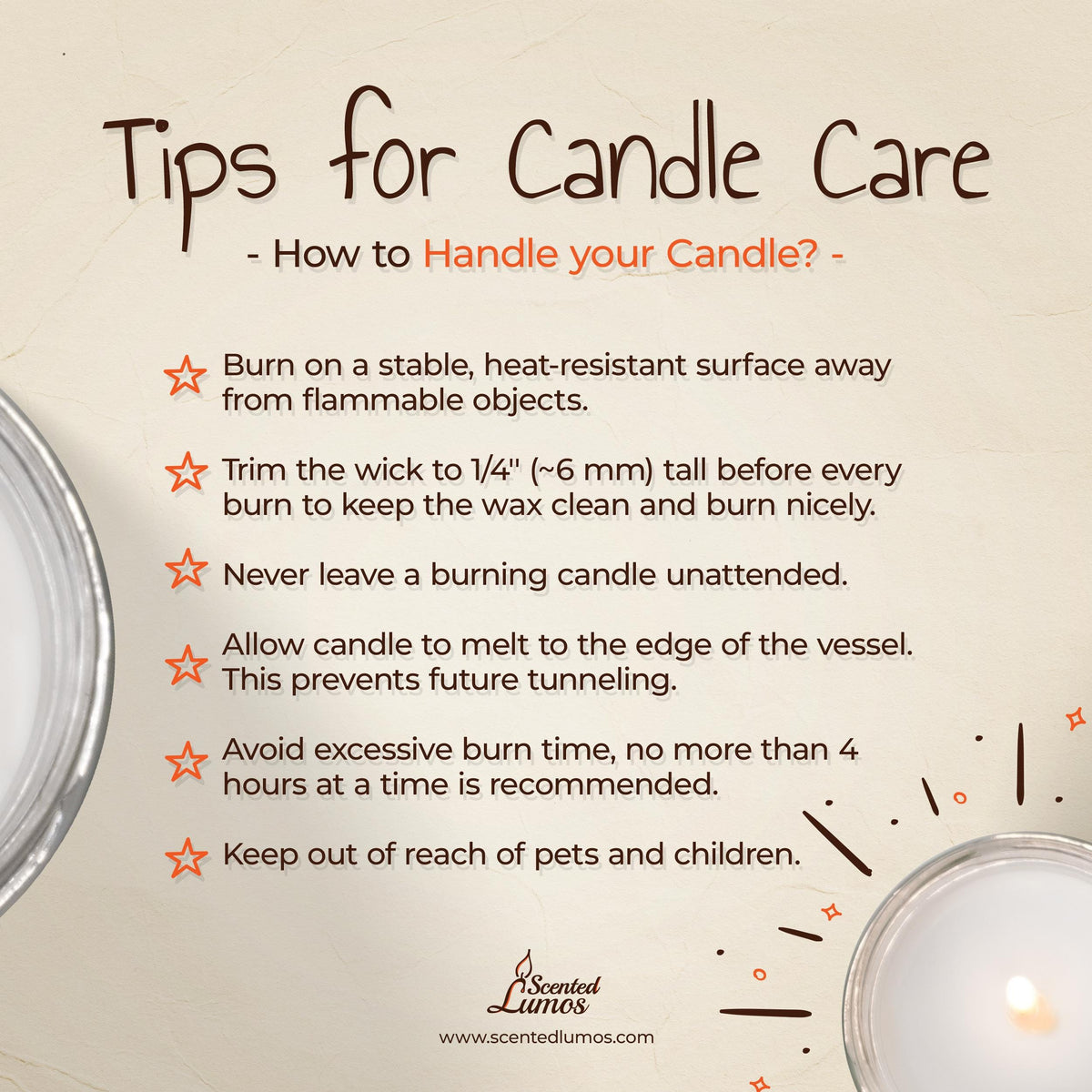 a candle and a sign on a table that says tips for candle care