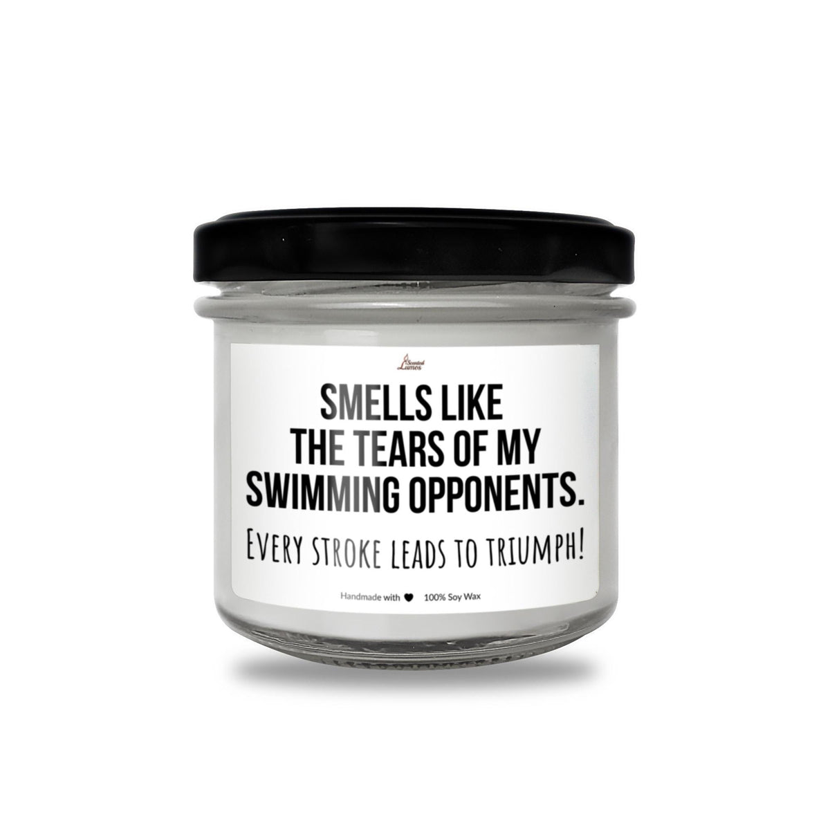 a white jar with a black lid that says smells like the tears of my swimming