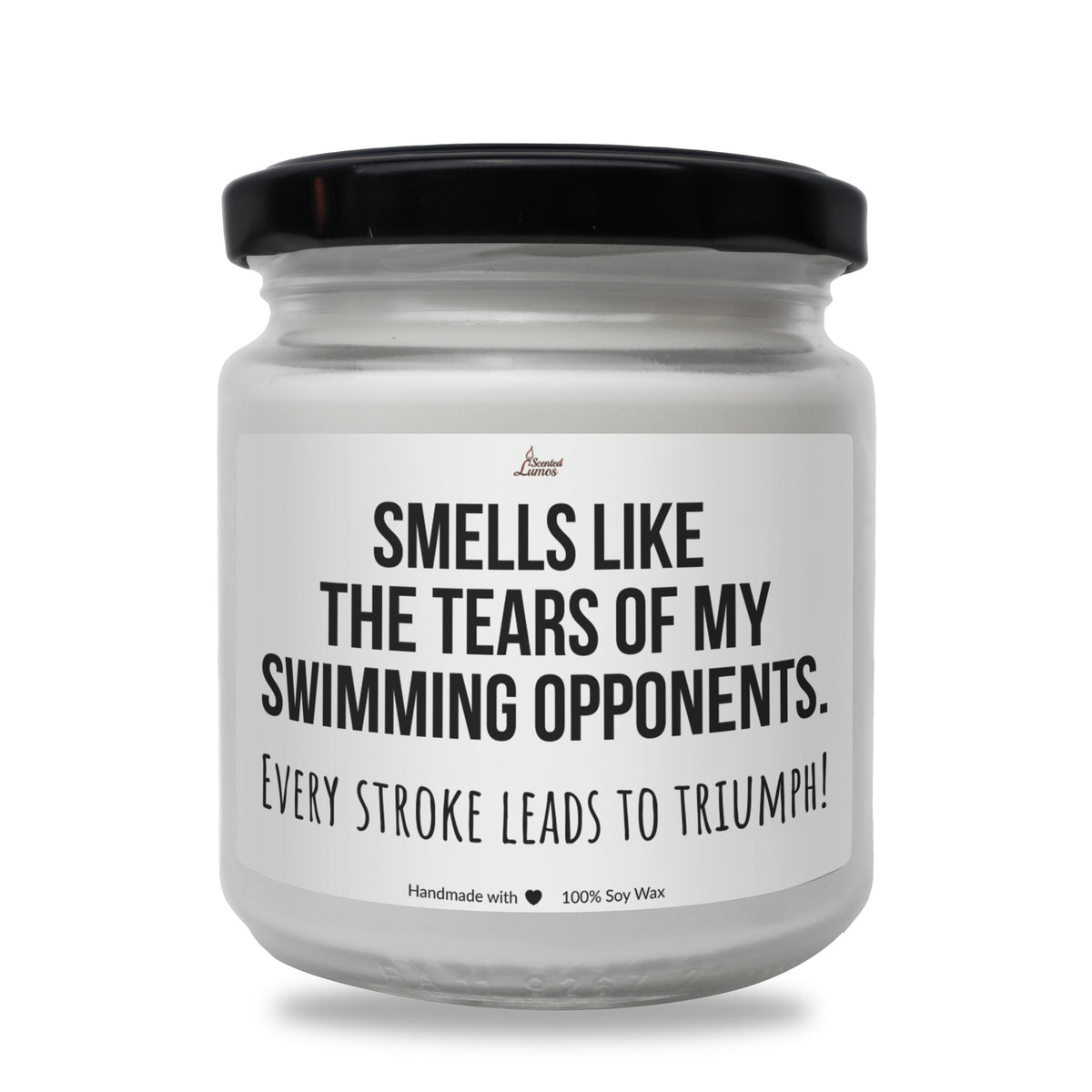 a white jar with a black lid that says smells like the tears of my swimming