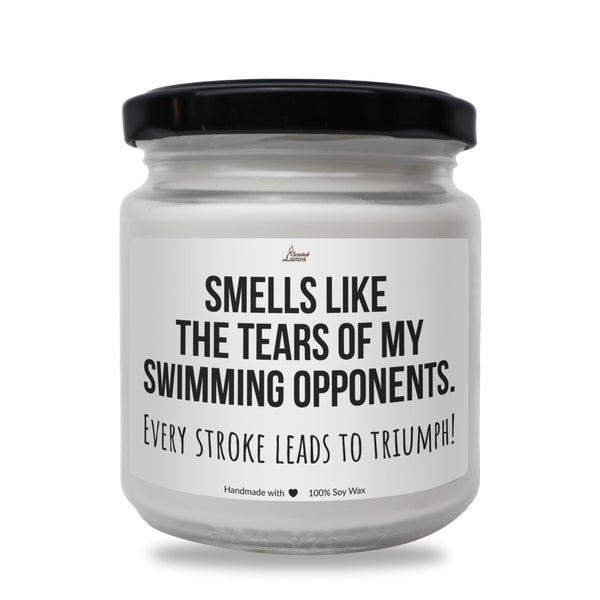 a white jar with a black lid that says smells like the tears of my swimming