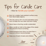 a candle and a sign on a table that says tips for candle care