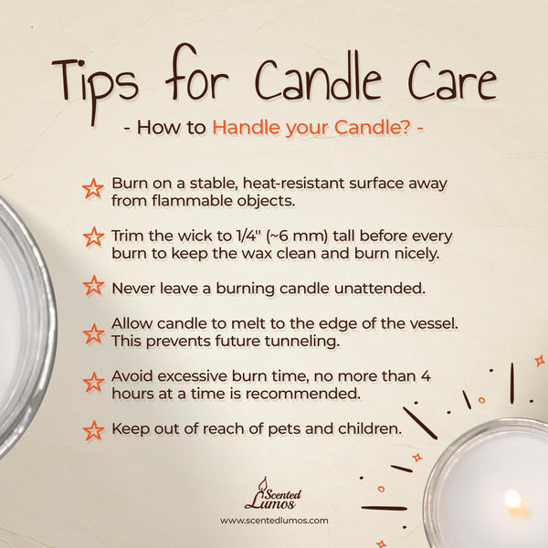 a candle and a sign on a table that says tips for candle care