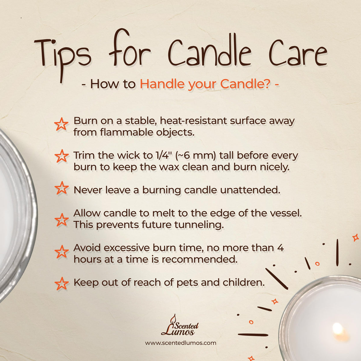 a candle and a sign on a table that says tips for candle care