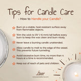 a candle and a sign on a table that says tips for candle care