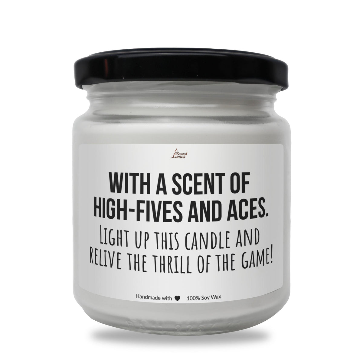 a white candle with a black lid that says, with a scent of high -