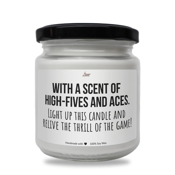 a white candle with a black lid that says, with a scent of high -