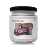 a white jar with a picture of a family on it