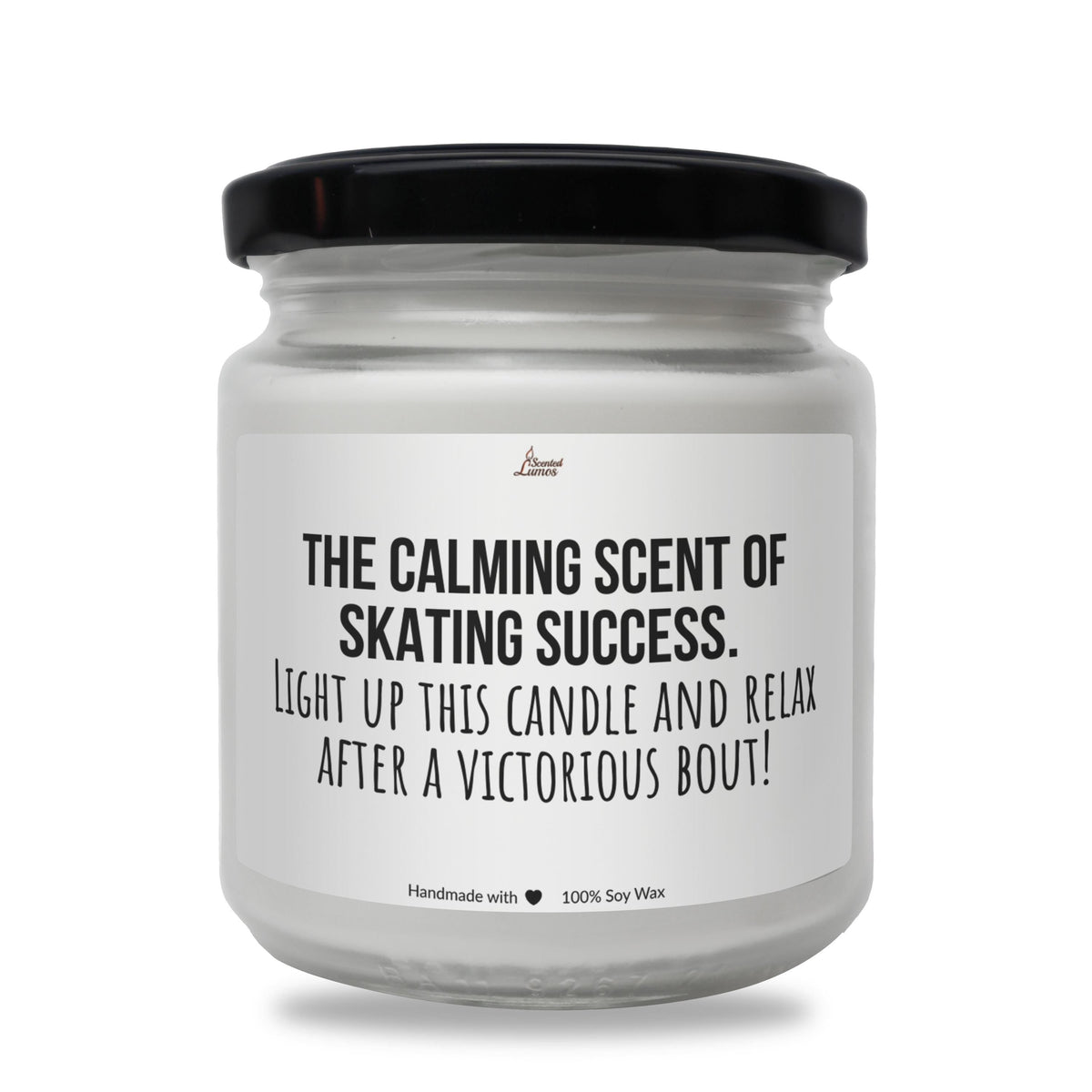 a white jar with a black lid that says the calming scent of skating success