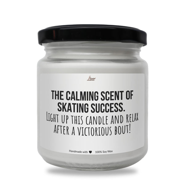 a white jar with a black lid that says the calming scent of skating success