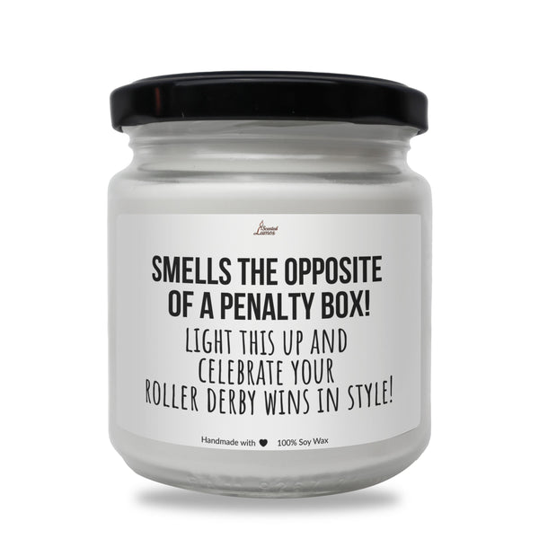 a white jar with a black lid that says smells the opposite of a penalty box