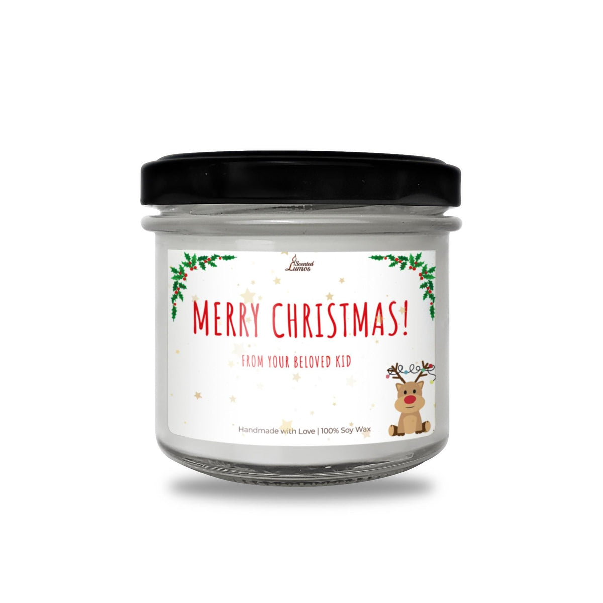 a jar of merry christmas candles on a white background
