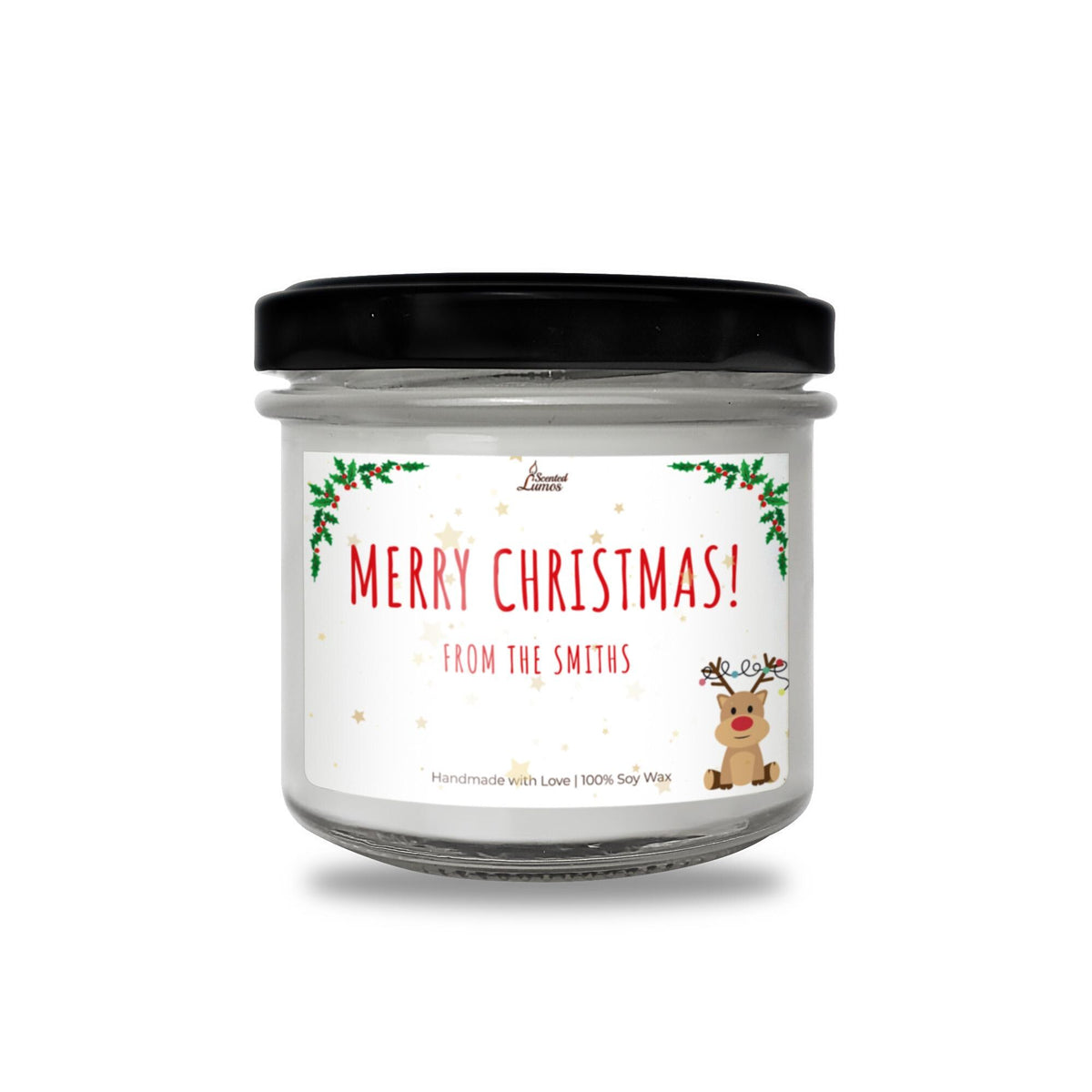 a christmas candle with a reindeer on it