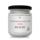 a white jar with a black lid that says what on earth