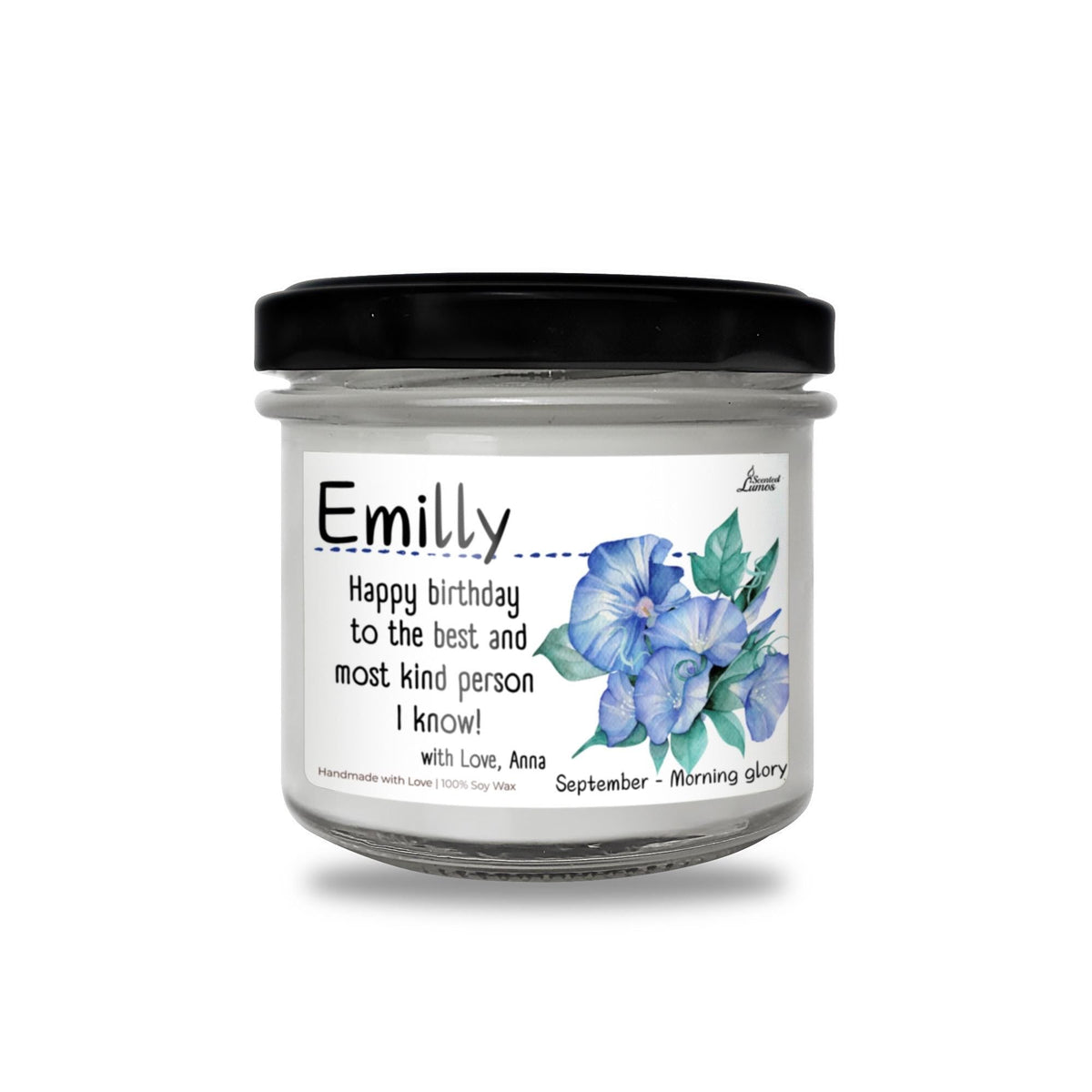 September Birth Month Morning glory Flower Personalized Scented Soy Candle