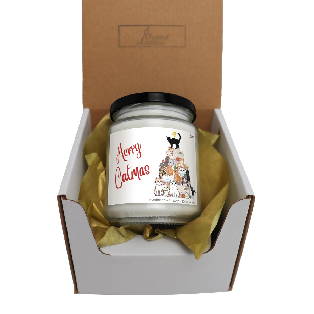 a white candle in a box with a brown ribbon around it