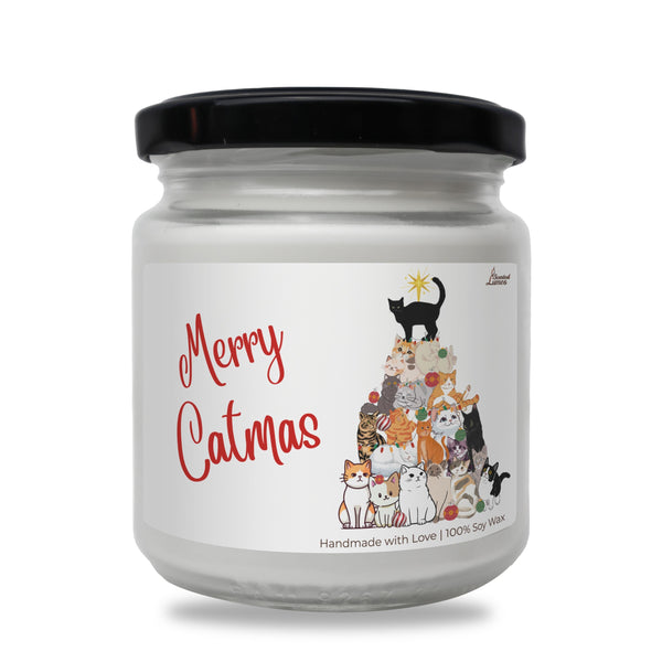 a jar of merry catmas candles with cats on it