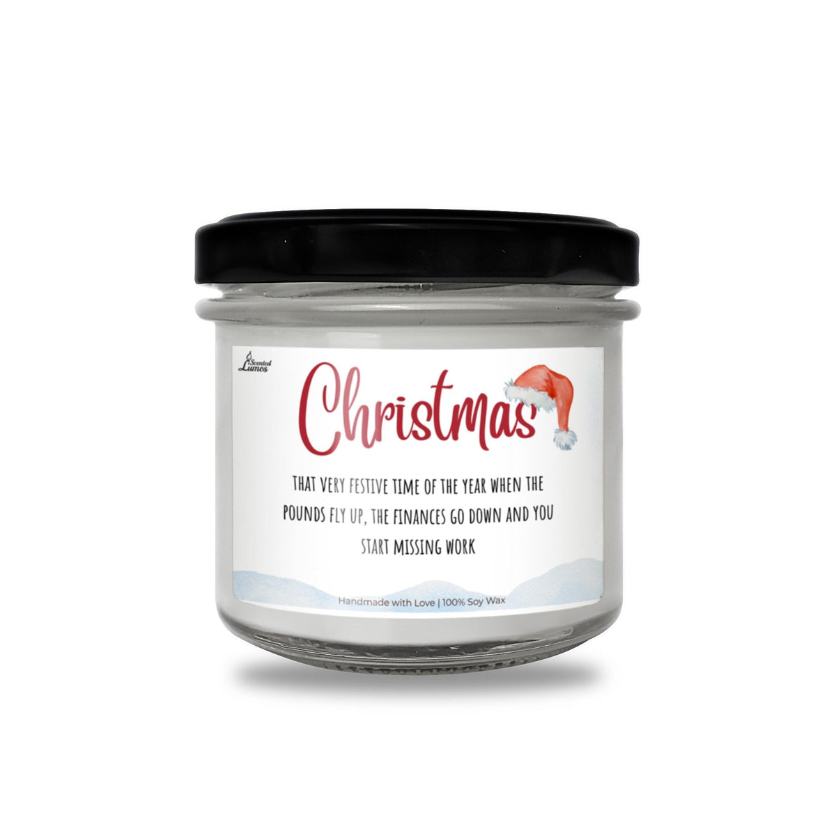a jar of christmas candy with a black lid