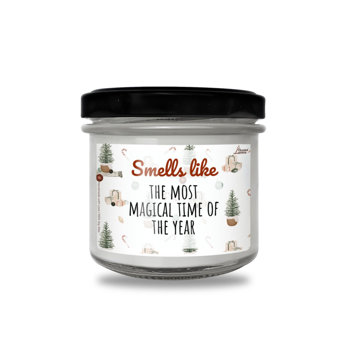 a glass jar with a black lid that says smell take the most magic time of