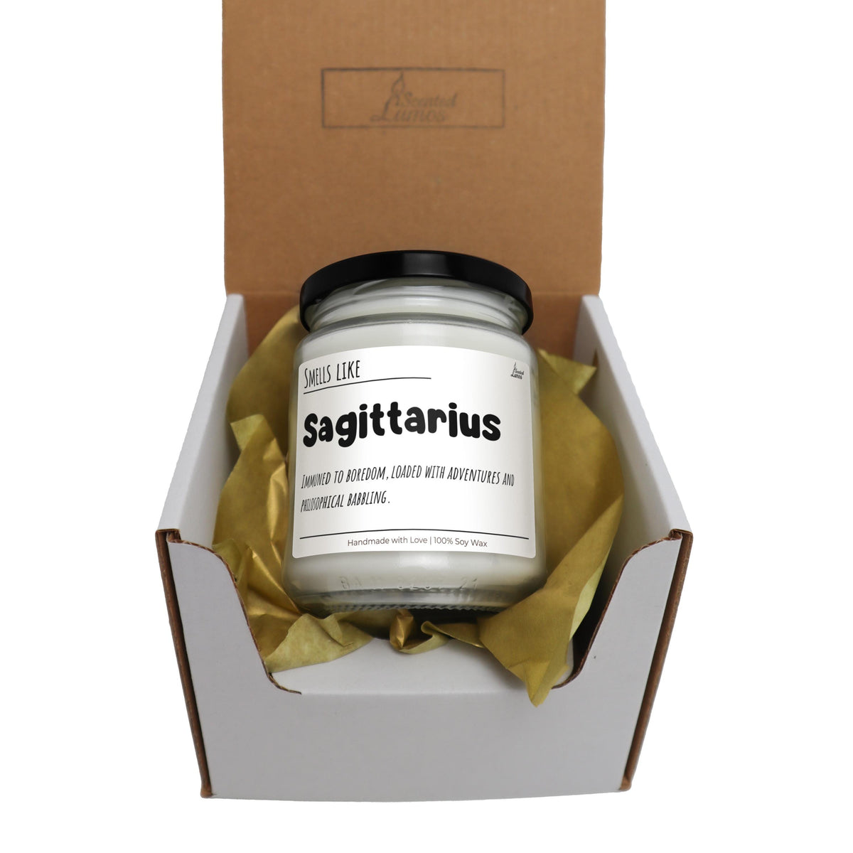 a jar of sagittarius sits in a cardboard box