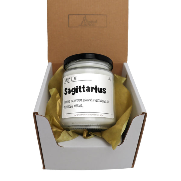 a jar of sagittarius sits in a cardboard box