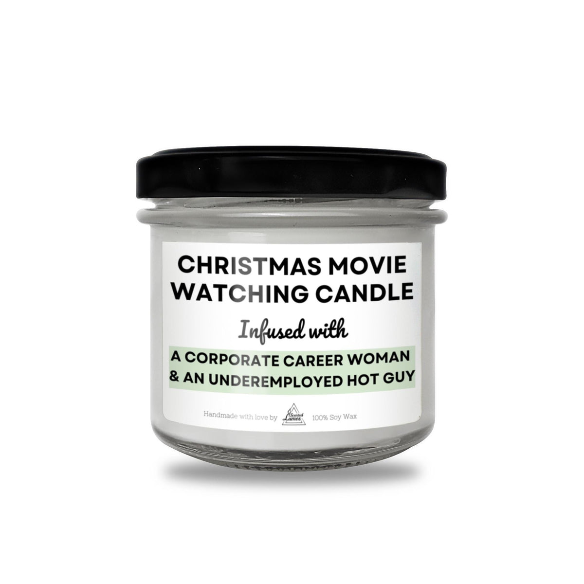 a christmas movie watching candle with a black lid