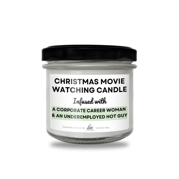a christmas movie watching candle with a black lid