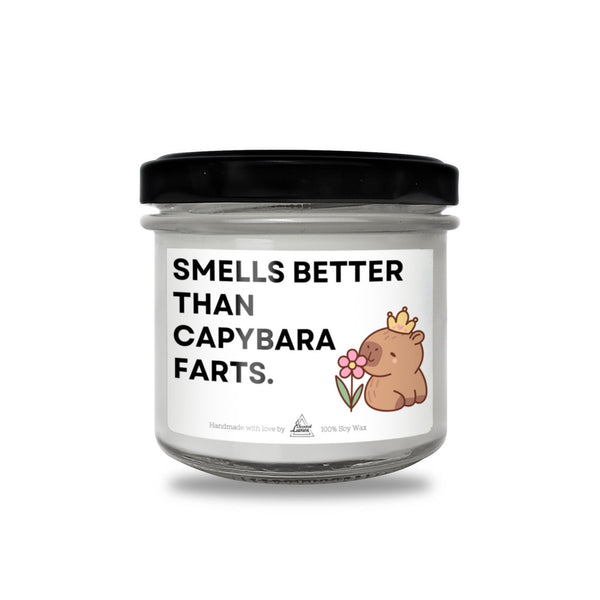a jar of candles that says smells better than caybara fars