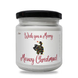 a jar of merry christmas candles on a white background