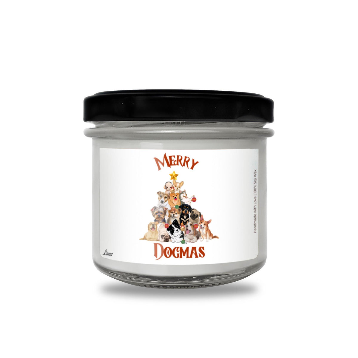 a jar of merry dogmas candle on a white background