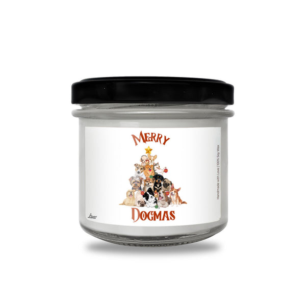 a jar of merry dogmas candle on a white background