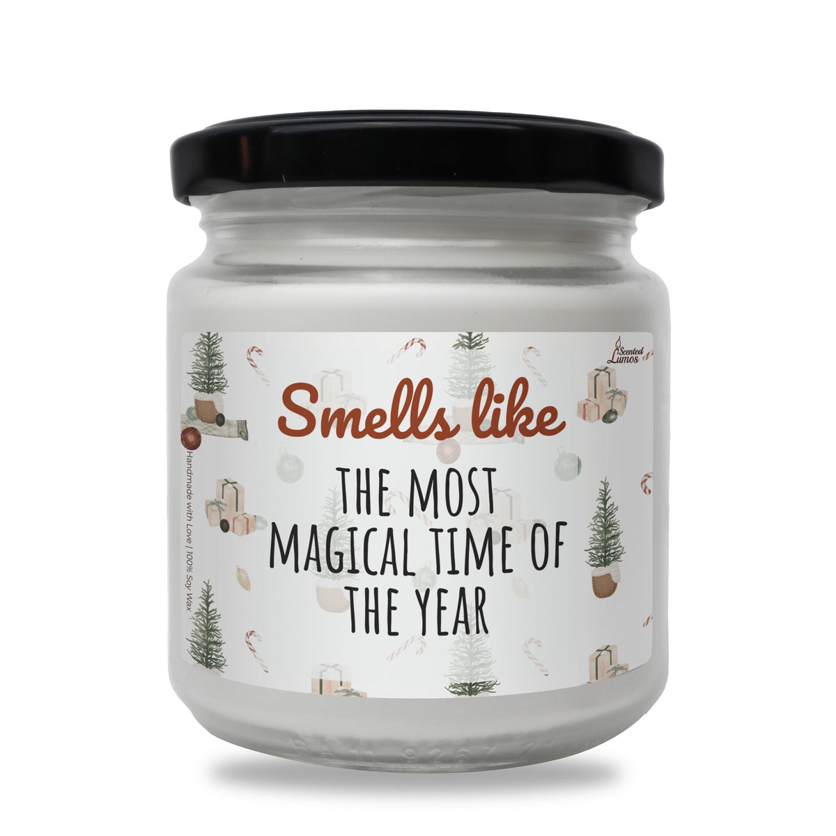 a white jar with a black lid that says smell like the most magic time of