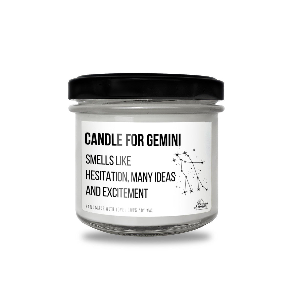 a jar of candle that says candle for gemin smells like relaxation, many ideas