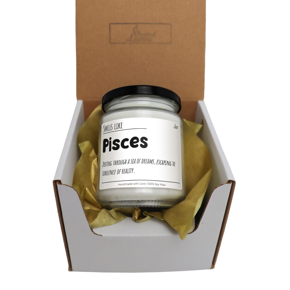 a jar of pisces sits in a box