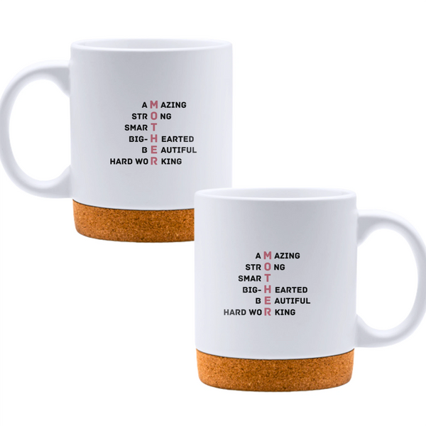 Mother: amazing, strong, smart, big-hearted, beautiful, hard working - White mug - Ceramic Mug with Cork 320ml